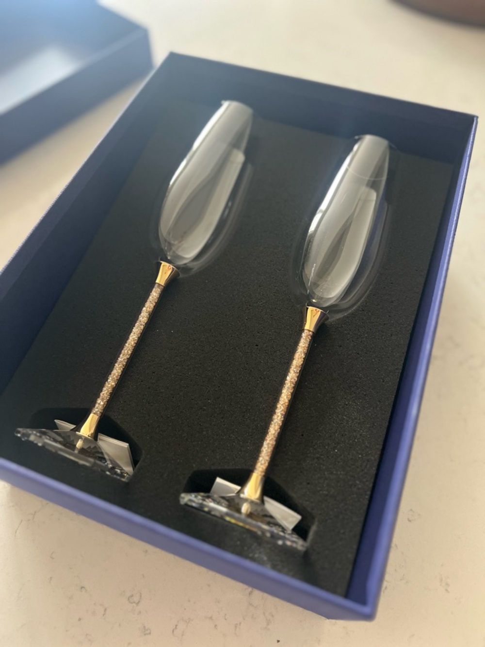 Swarovski Champagne Flutes with Gold and Clear Crystal Accents- Brand New